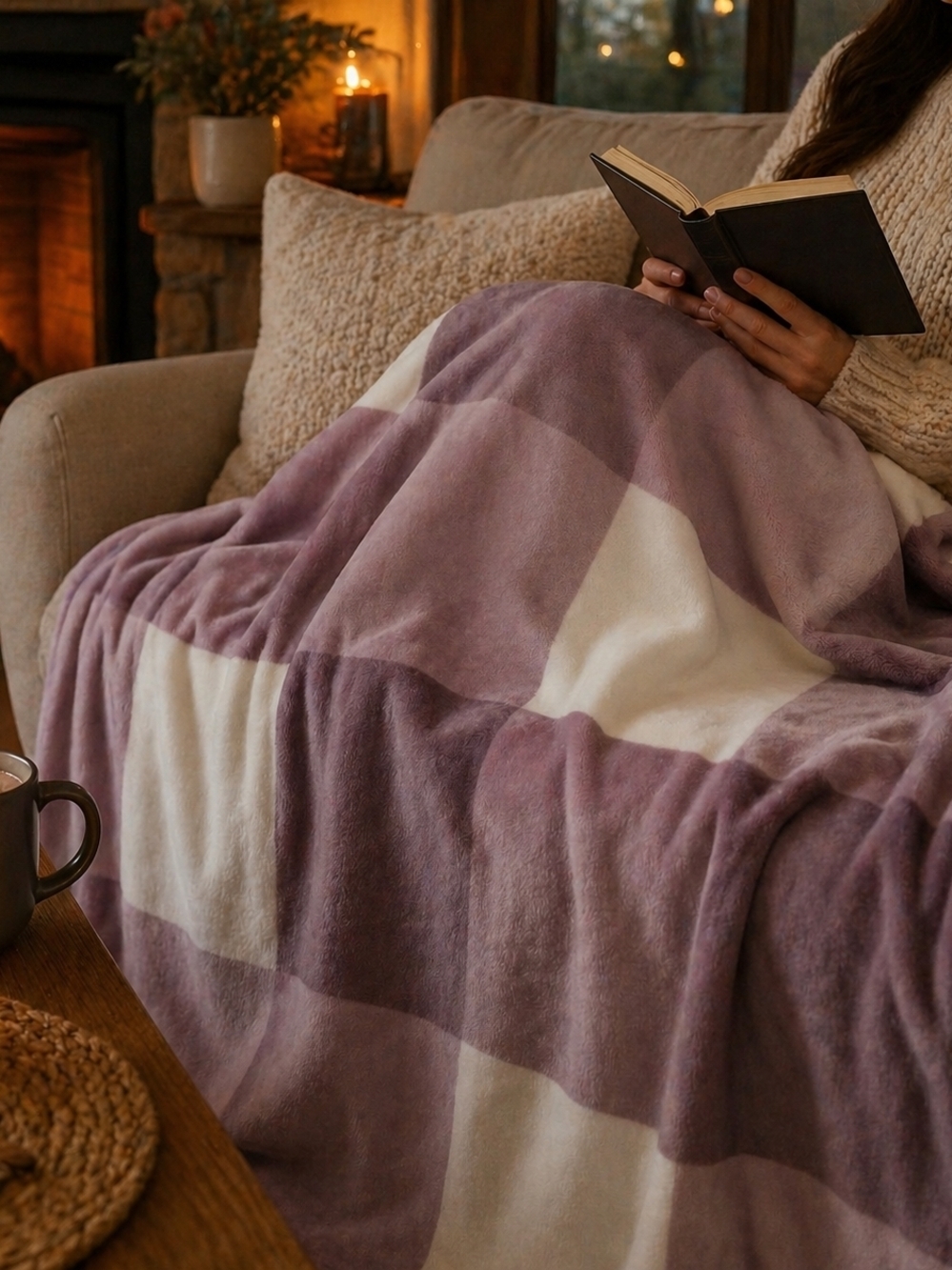 Cozy Plush Throw Blanket Purple/Mauve & White Checkered 80x60 Soft Polyester